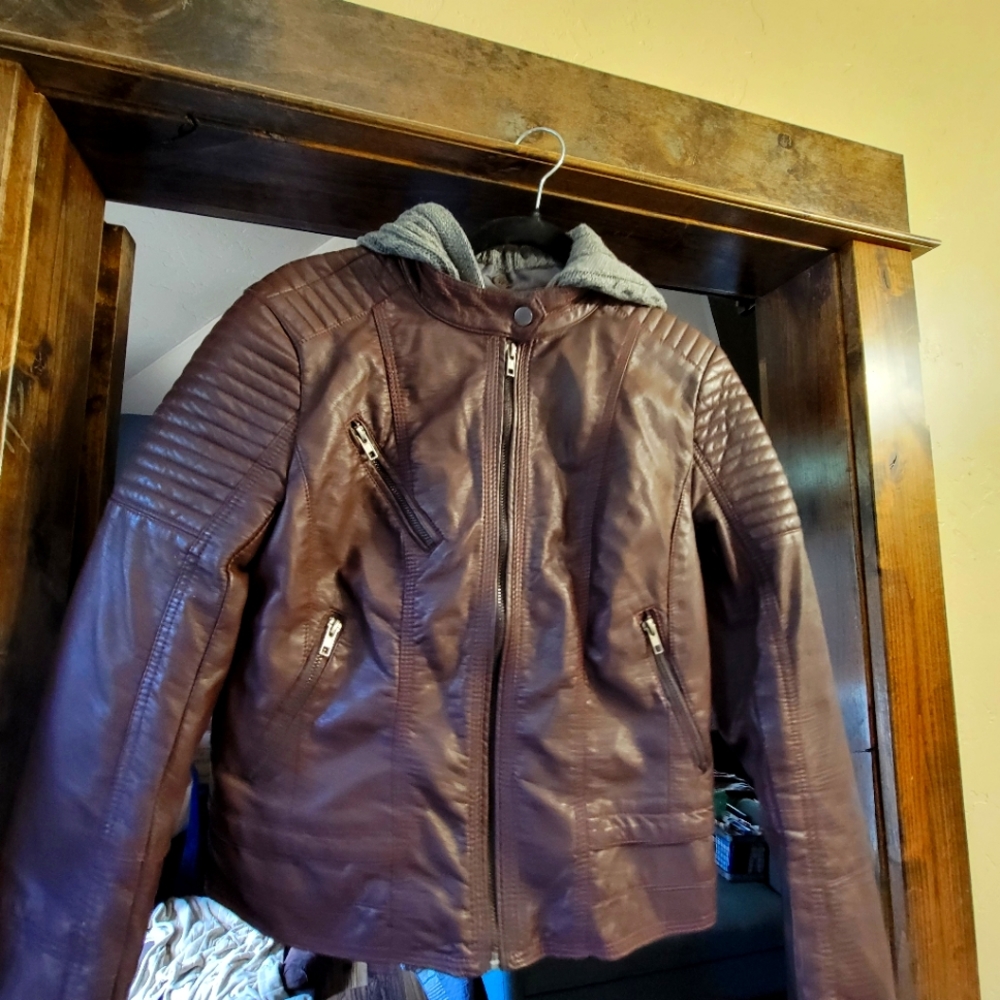 Burgandy Faux Leather Jacket with Gray hood